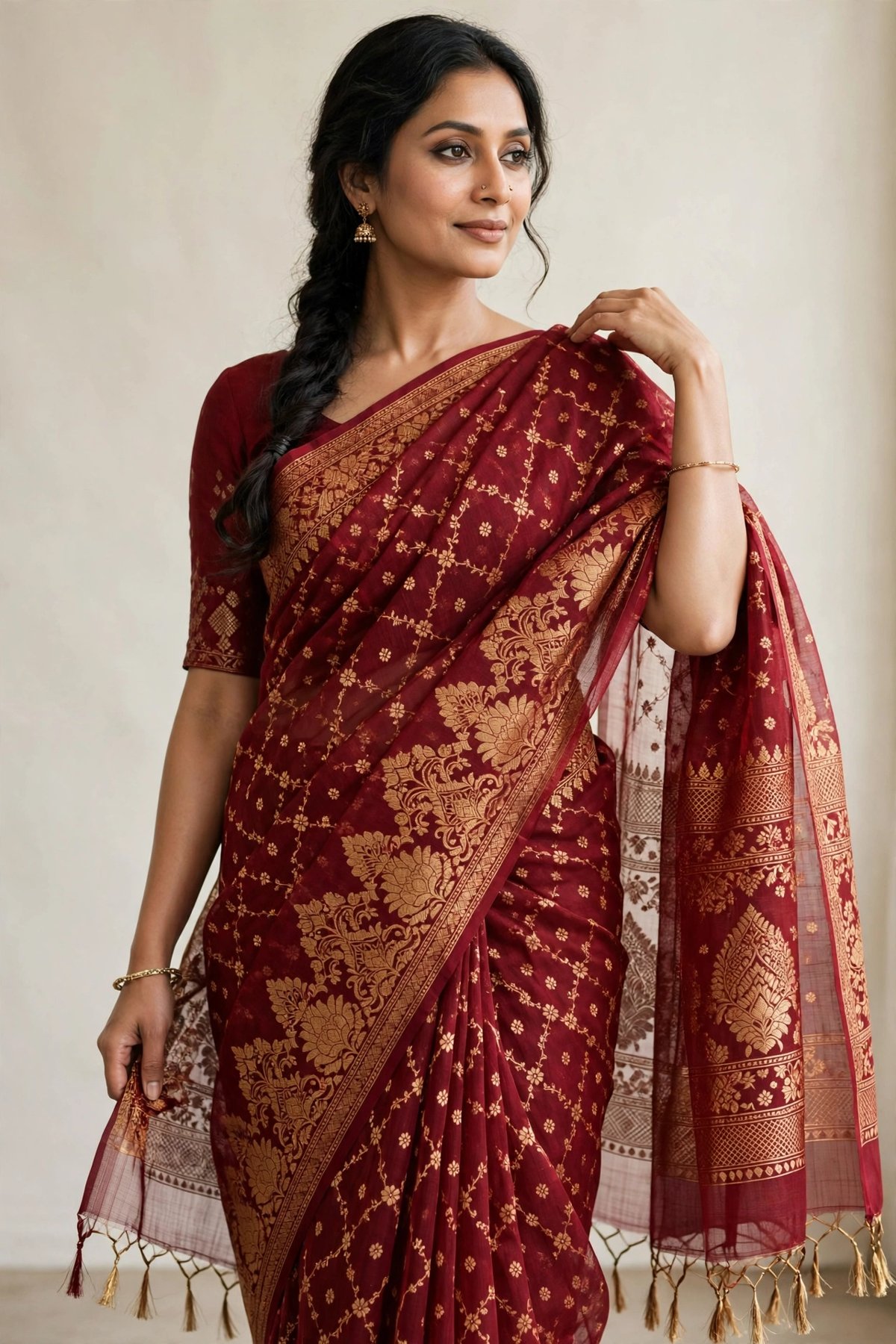 Handloom Jamdani Saree — Maroon Gold