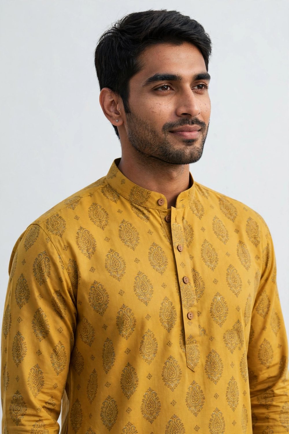 Printed Festive Panjabi — Mustard